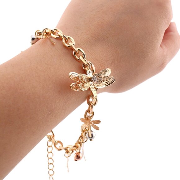 Women's 14k Gold-Plated‎ Dragonfly and Charms Chain Adjustable Bracelet** - Picture 1 of 13